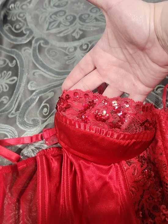 Shirley Of Hollywood Red Satin Corset With Lace And Sequin Accents Size 32 - Picture 6 of 7